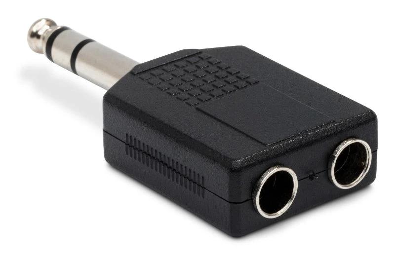 Hosa dual 1/4 TRS to 1/4 TRS adapter, black with one male plug and two female jacks.