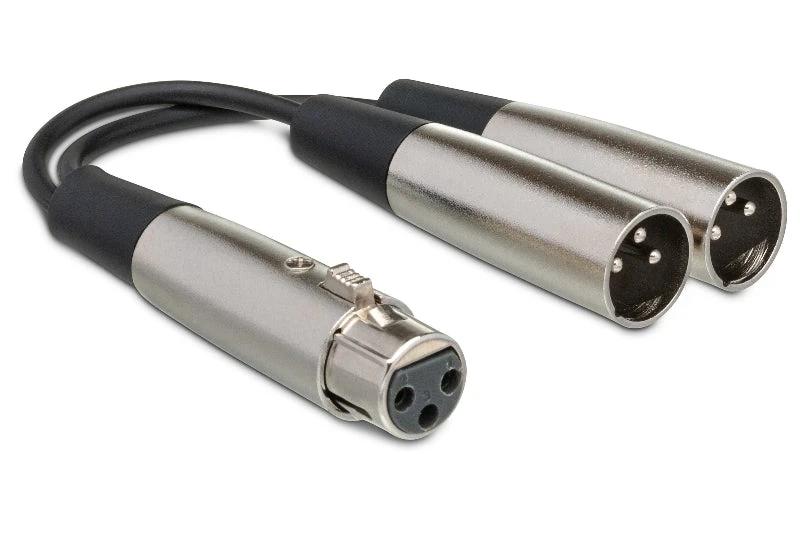 Hosa XLR Y cable, female XLR to two male XLR plugs, metal bodies with black sleeves.