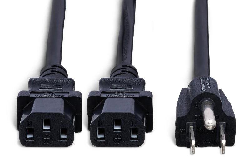 Hosa dual IEC to NEMA 5-15P power Y cable, 1.5 ft, black, YIE-406 with two IEC ends.