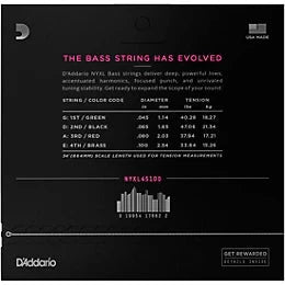 D'Addario NYXL bass strings 45-100, regular light, long scale on black packaging