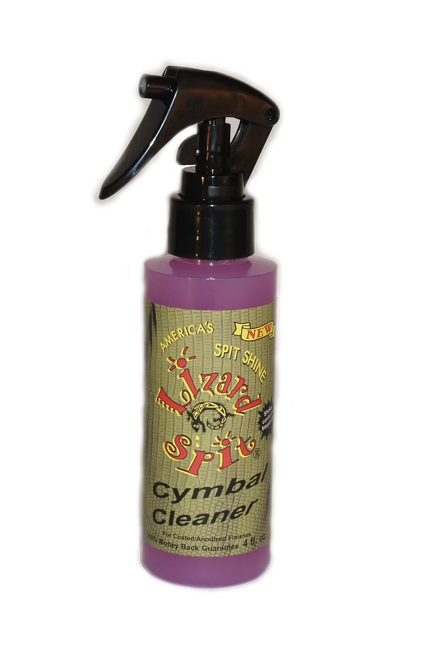 Lizard Spit Cymbal Cleaner spray bottle with purple liquid and black trigger sprayer.