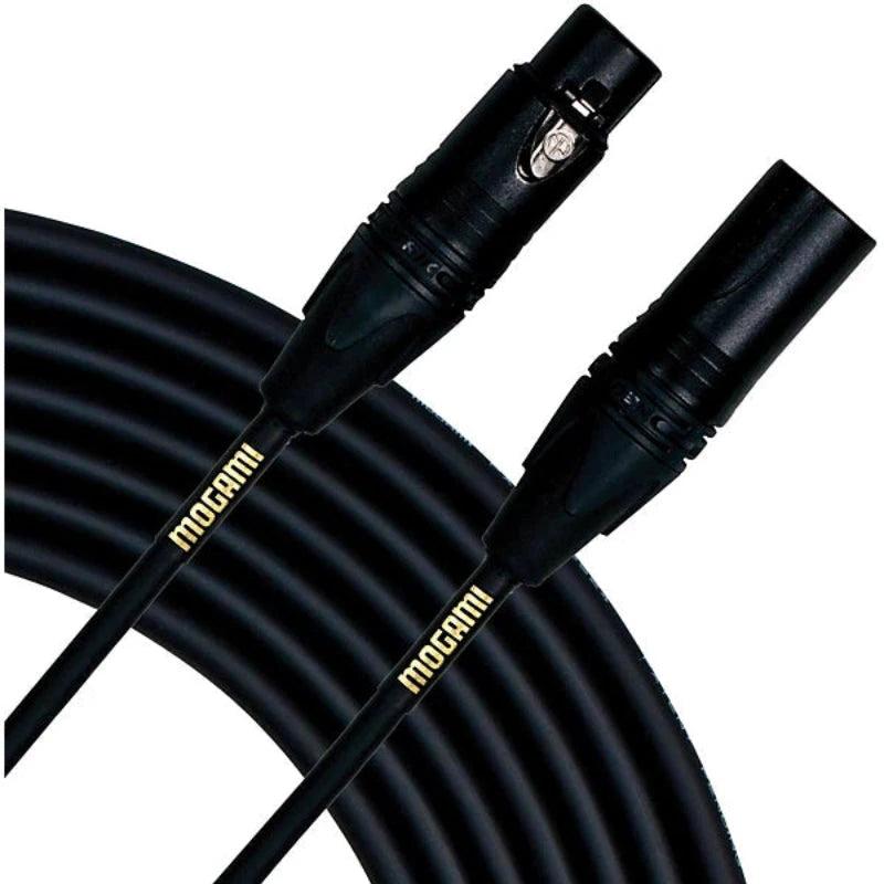 Mogami Gold Stage XLR cables, black XLPE-insulated pair with Mogami branding.