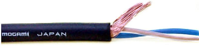 Mogami 22AWG balanced microphone cable bulk, black jacket, MOGAMI JAPAN label, red/blue/white conductors visible