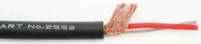 Mogami 26AWG balanced microphone cable bulk, black jacket with copper shielding and red conductors.