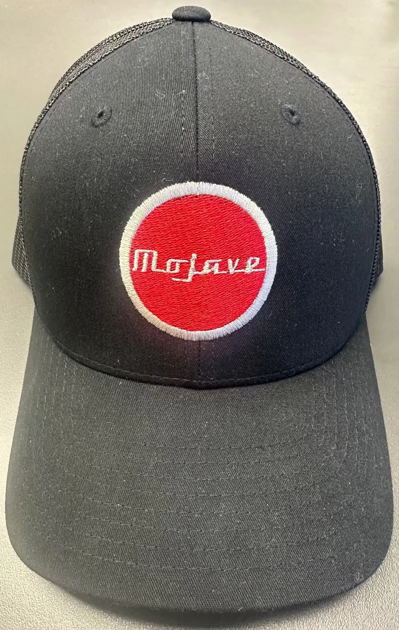 Mojave Audio baseball cap; black front with red circular logo, mesh back