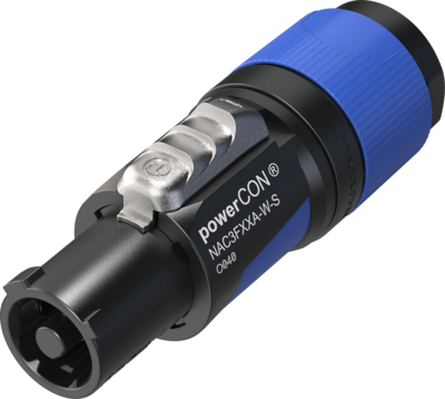 Blue and black power connector with 'power CON' branding on a white background
