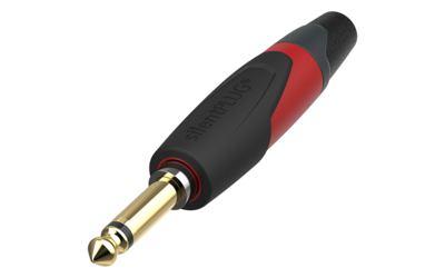 Black and red audio plug with gold connector on a white background
