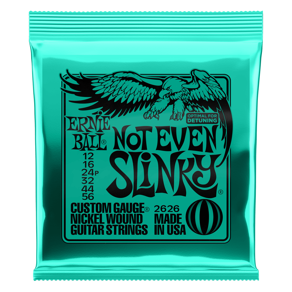 Ernie Ball Not Even Slinky guitar strings packaging with eagle logo on a clear background