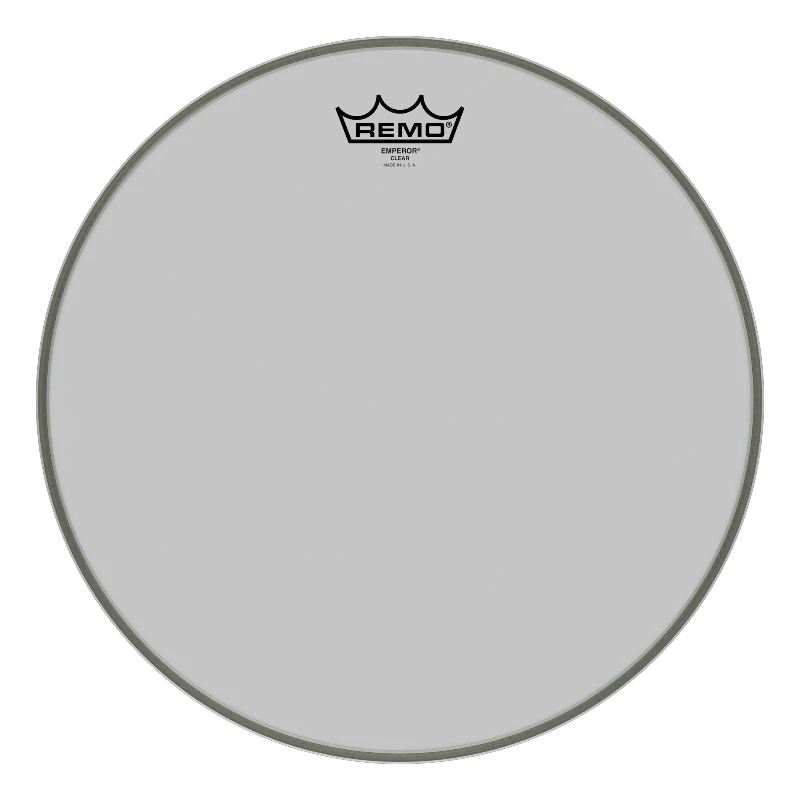 Remo Emperor Clear Drumhead with dark gray surface and light rim; Remo logo visible.