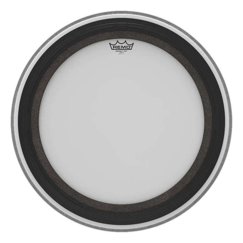 Remo Emperor SMT Clear drumhead; round Remo brand drum head with visible logo, black inner rim, and clear surface