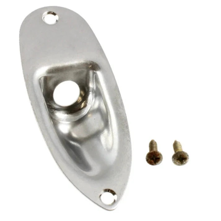 Allparts Stratocaster jack plate, chrome metal guitar part with two screws.