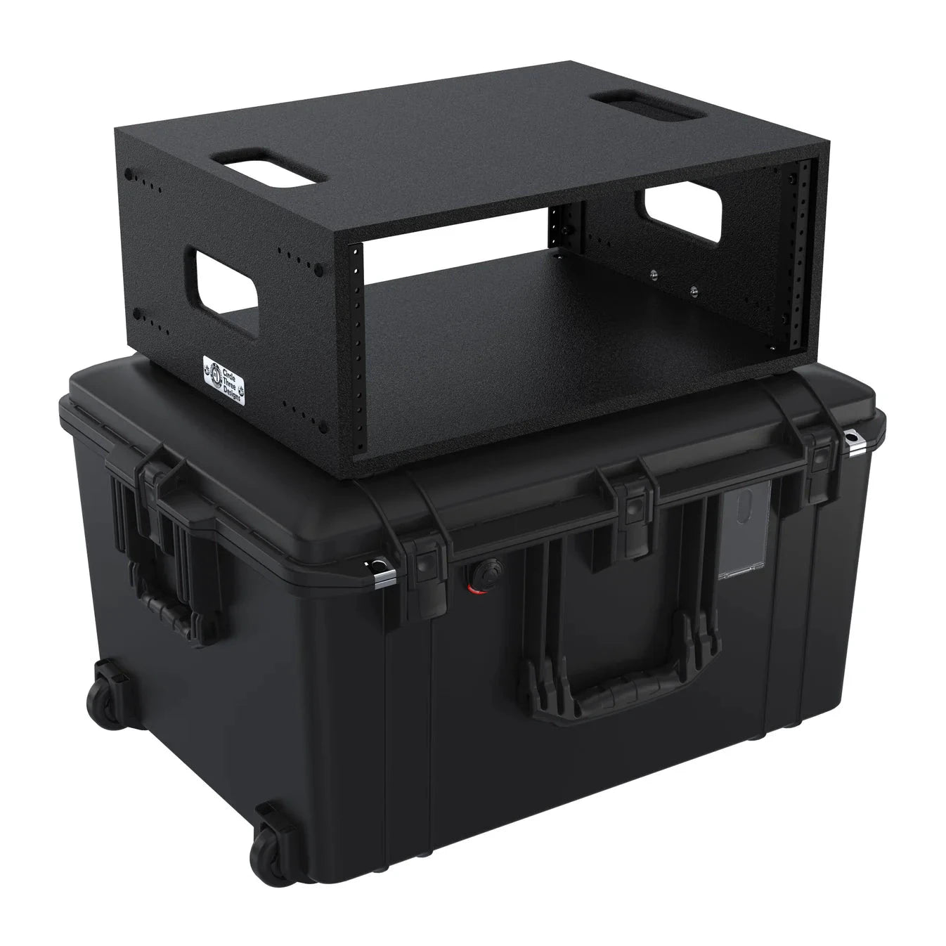 Circle Three Designs 4RU Wood Fly Rack mounted on a Pelican Air 1637 case, black, adjustable rack system