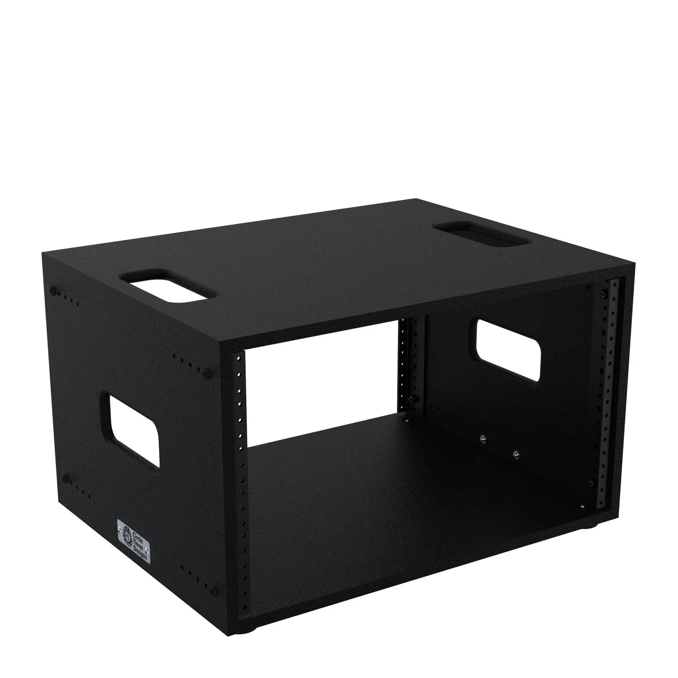 Circle Three Designs 6RU wood fly rack, black rack system with side cutout handles and exposed rails