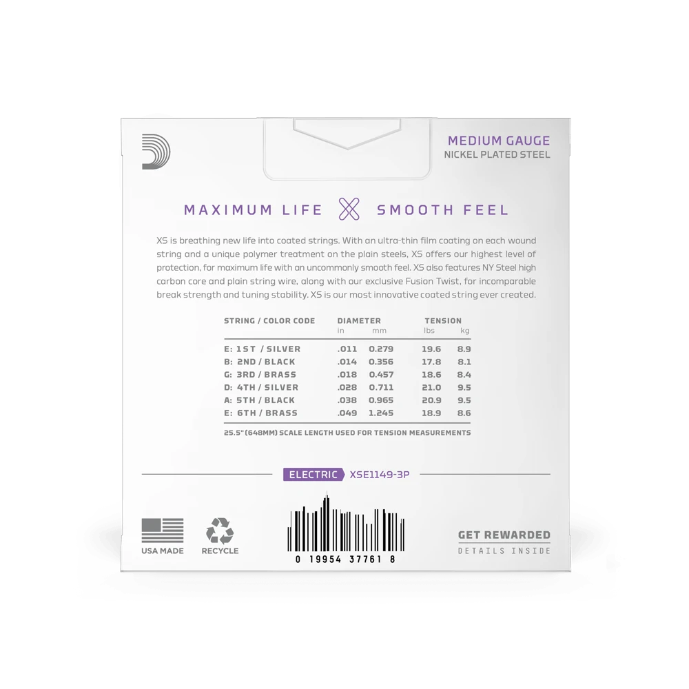 D'Addario XS 11-49 coated electric guitar string set, nickel-coated, medium gauge.