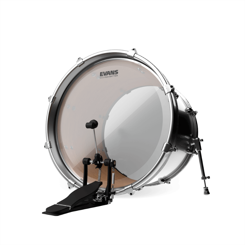 Evans EQ4 Clear Bass Drumhead mounted on a bass drum with pedal visible.