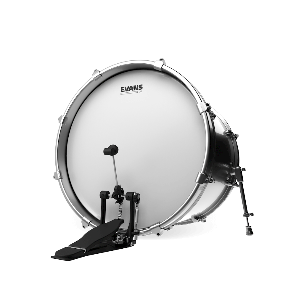 Evans G2 Coated Bass Batter drum head on a bass drum, white coated with Evans logo
