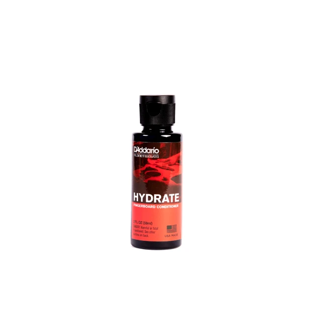 D'Addario Hydrate Fingerboard Conditioner bottle, instrument polish for guitars, black bottle with red label.