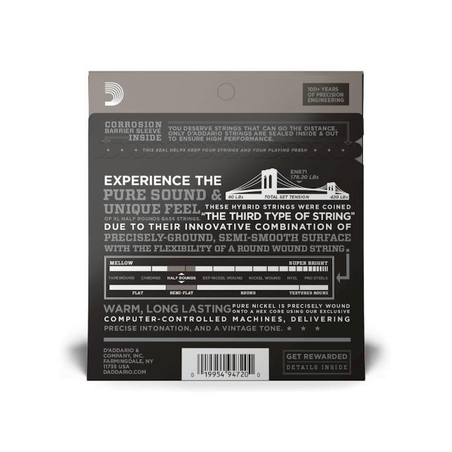 D’Addario ENR71 XL Semi-Flatwound Bass Strings – 45-100 Regular Light Long Scale
