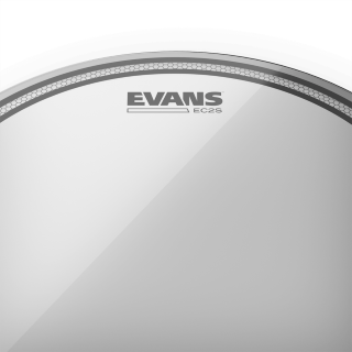 Evans EC2S Clear drum head with Evans logo on a clear surface.