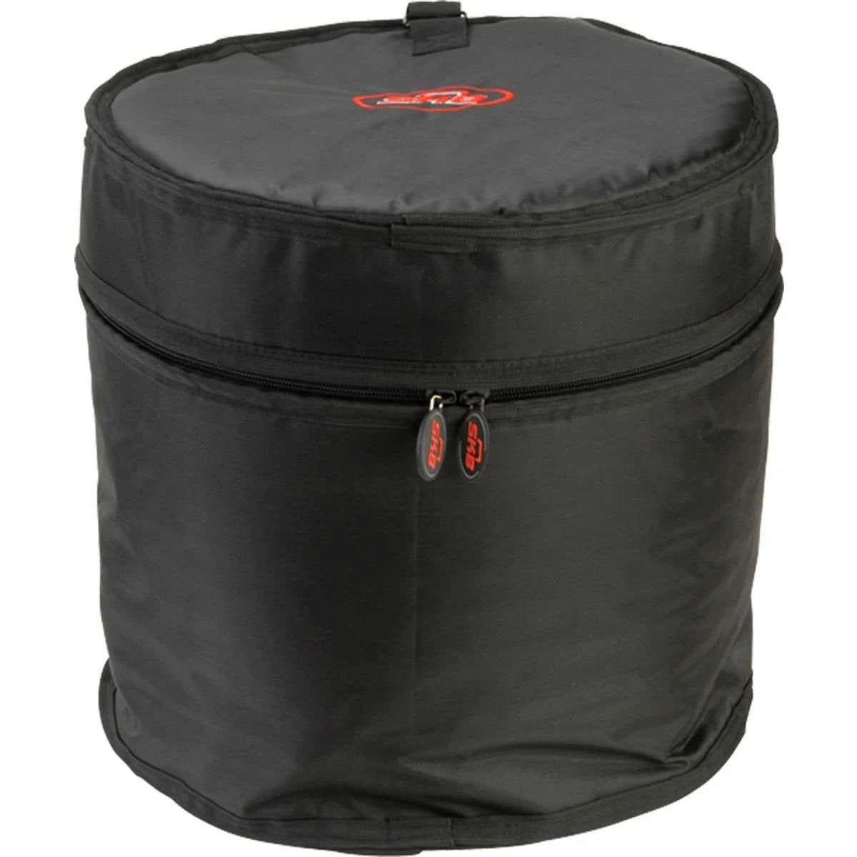SKB bass drum gig bag; black cylindrical drum case with top lid and dual zipper pulls featuring SKB logos.