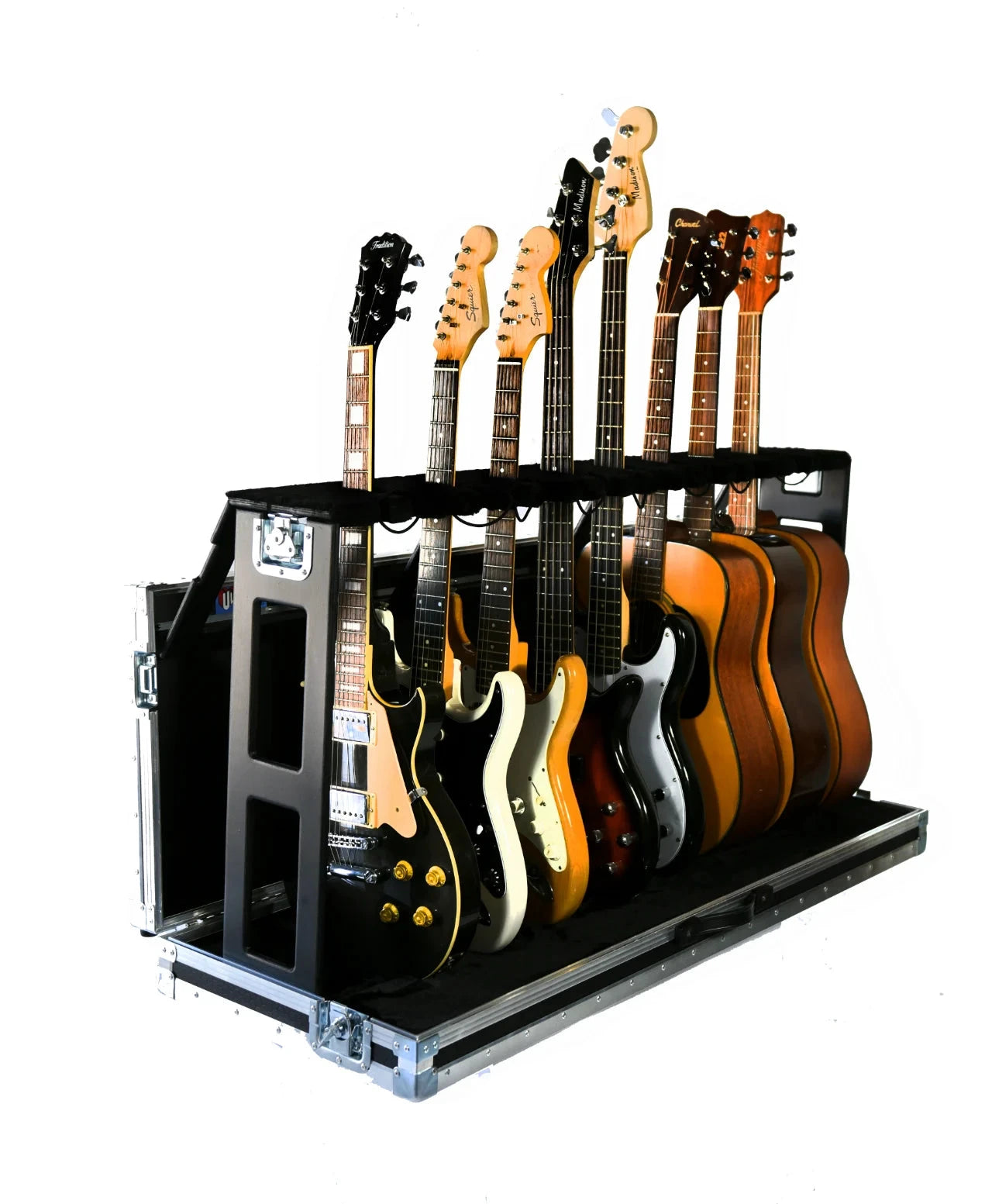 Ultra Case Guitar Boat Stand GSX-8 holding eight guitars in a touring-ready rack case
