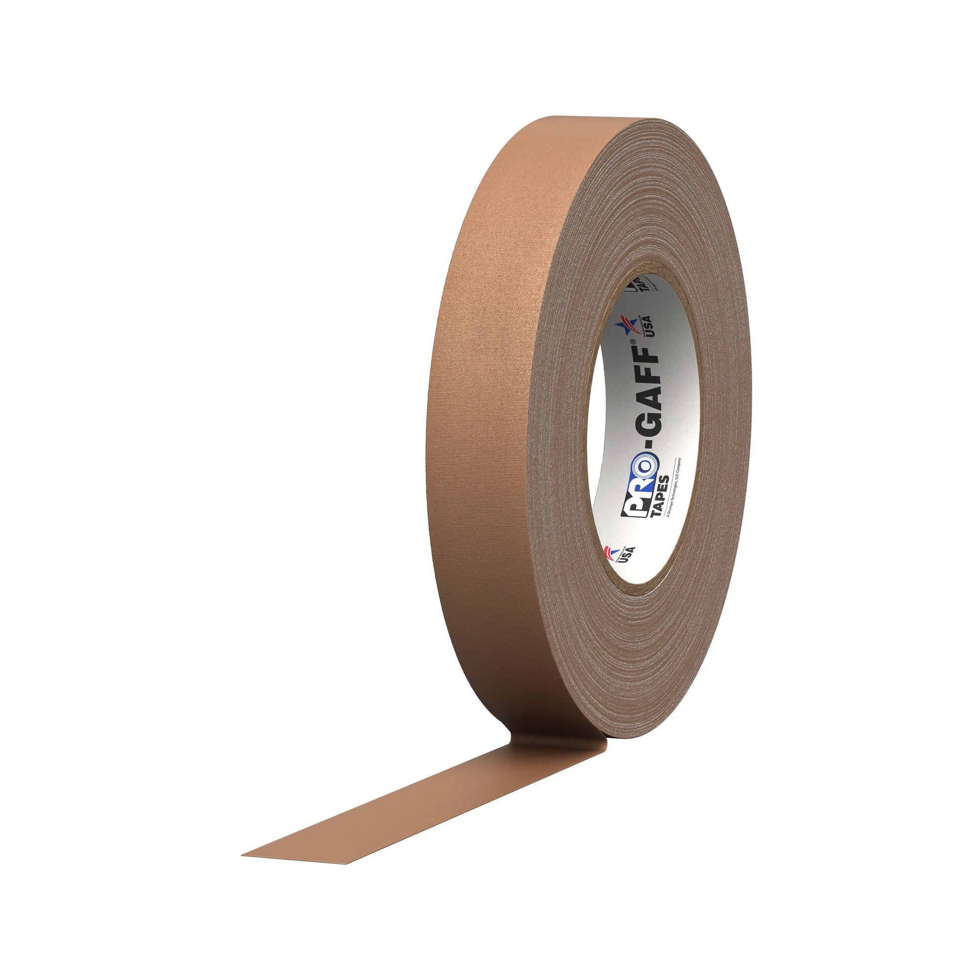 Pro Tapes Pro Gaff gaffers tape, 1 inch wide, tan hardware tape with Pro Tapes branding on the core