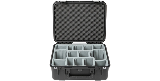 A black hard protective carrying case with its lid open, showing a gray foam divider insert with multiple compartments inside.