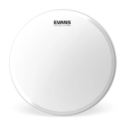 Evans UV EQ4 coated bass drum head, white with Evans logo.