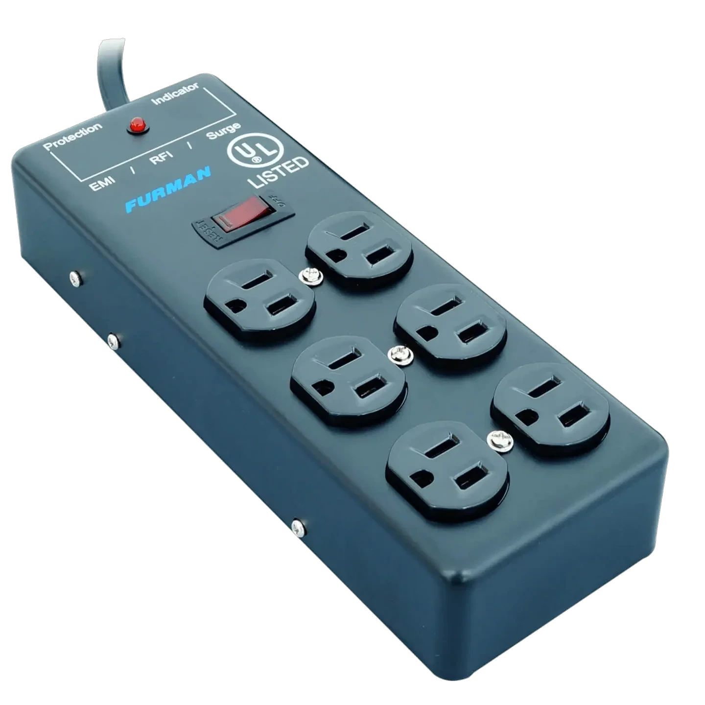 Black power strip with multiple outlets on a white background