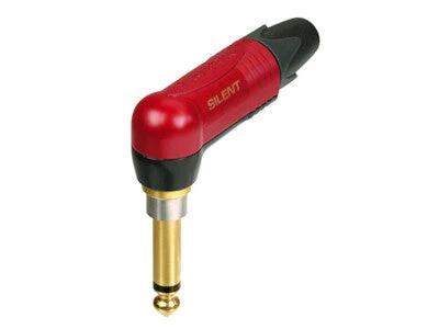 Neutrik NP2RX-AU-Silent 1/4-inch right-angle plug, red body with black grip and gold-plated tip