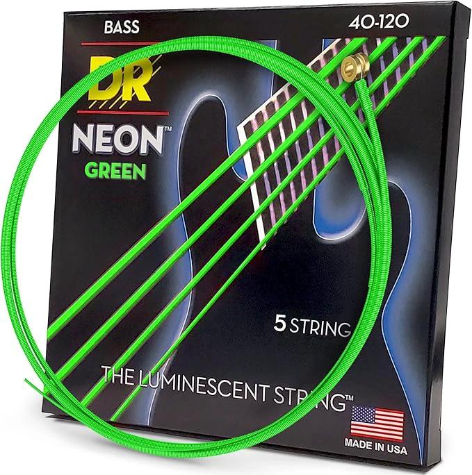 DR Strings HI-DEF NEON Green bass guitar strings, 5-string set in bright neon green.