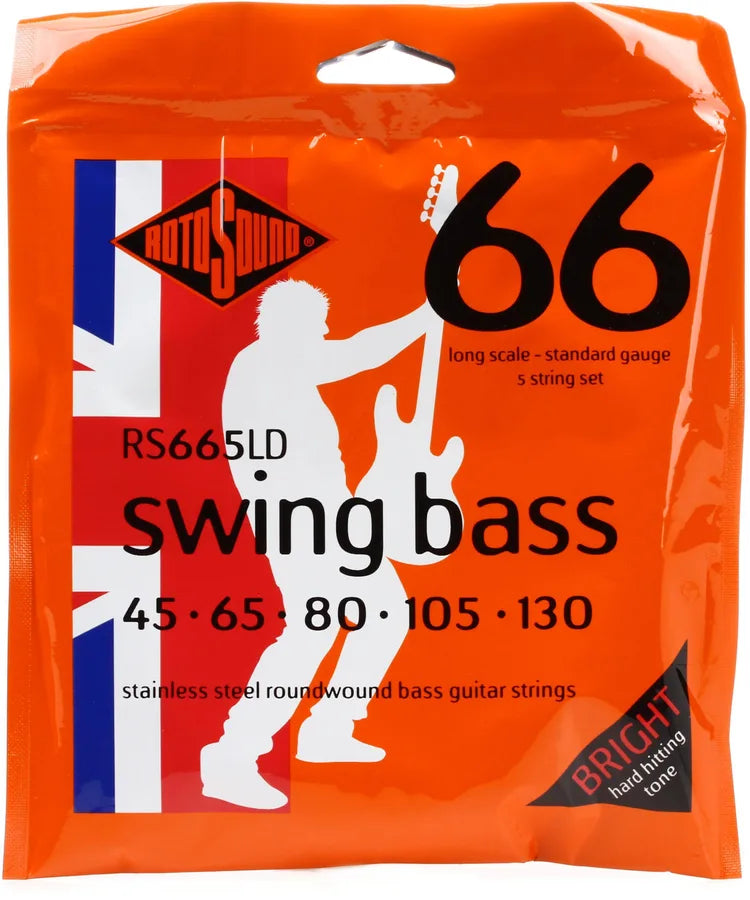 Rotosound RS665LD Swing Bass 66 Stainless Steel Roundwound 5 String Bass Guitar Strings - .045-.130 Standard Long Scale