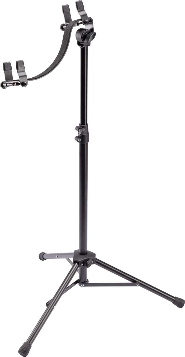 Black adjustable stand with dual arm design on a white background