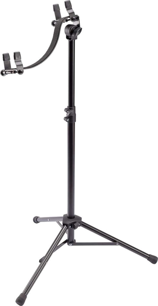 Black adjustable stand with dual arm design on a white background