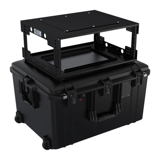 A black hard-shell carrying case with a built-in mounting bracket and a second open shelf mounted on top, shown on a plain white background.