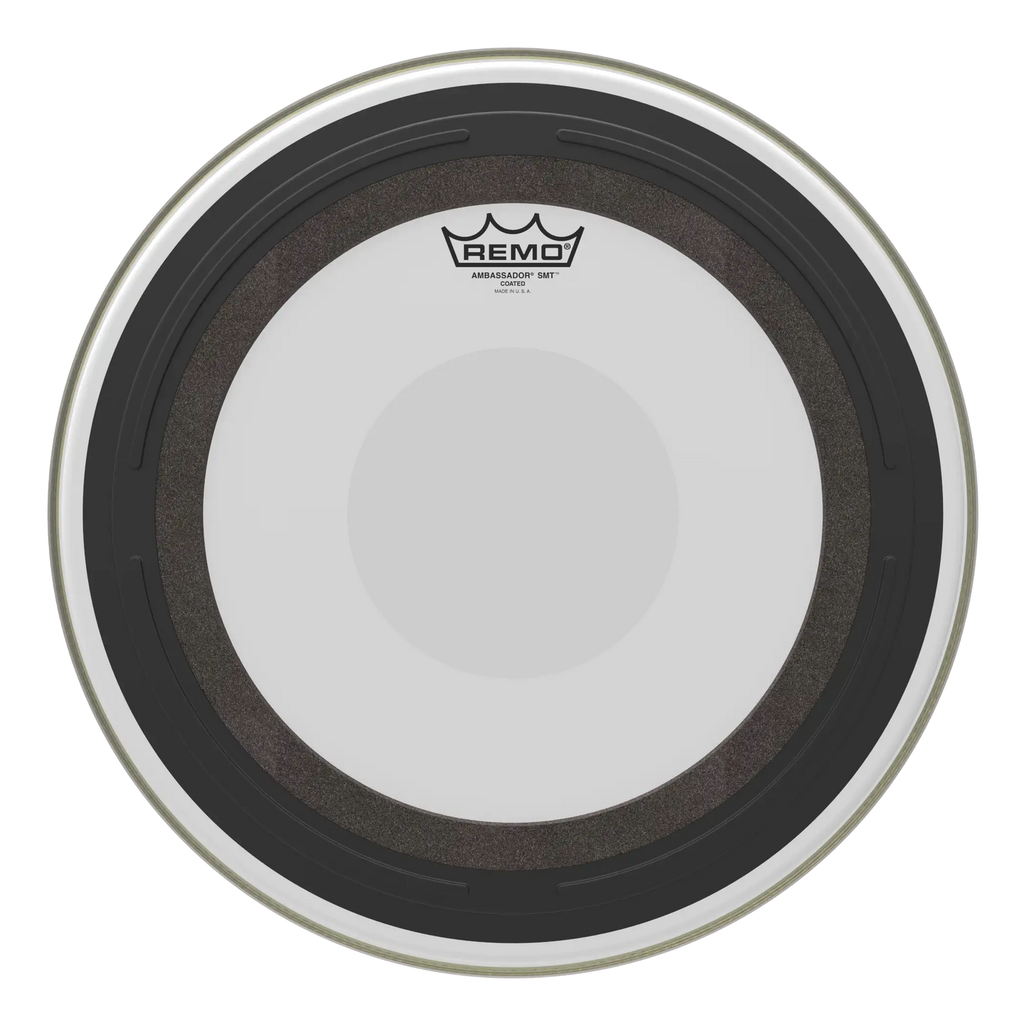 Clear drumhead with black rim and Remo logo on a white background