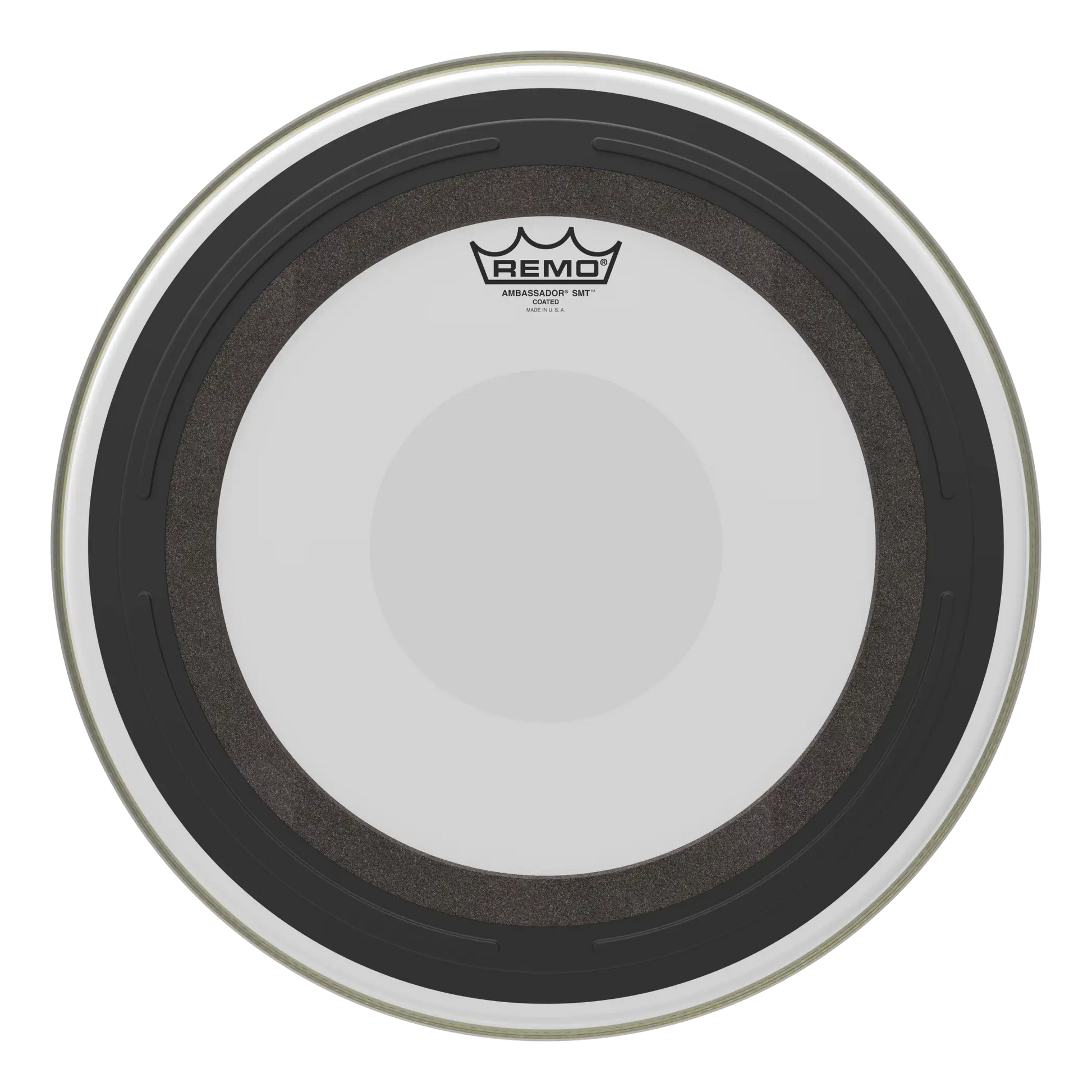 Clear drumhead with black rim and Remo logo on a white background