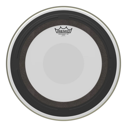 Clear drumhead with black rim and Remo logo on a white background