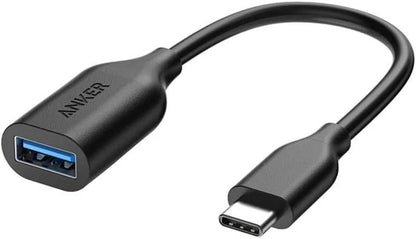 Anker USB-C male to USB-A female adapter, black with blue USB-A port.