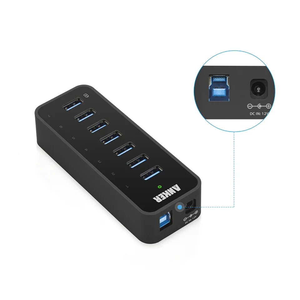 Anker 7-Port USB 3.0 hub with charging port, black desktop USB hub with blue USB 3.0 ports