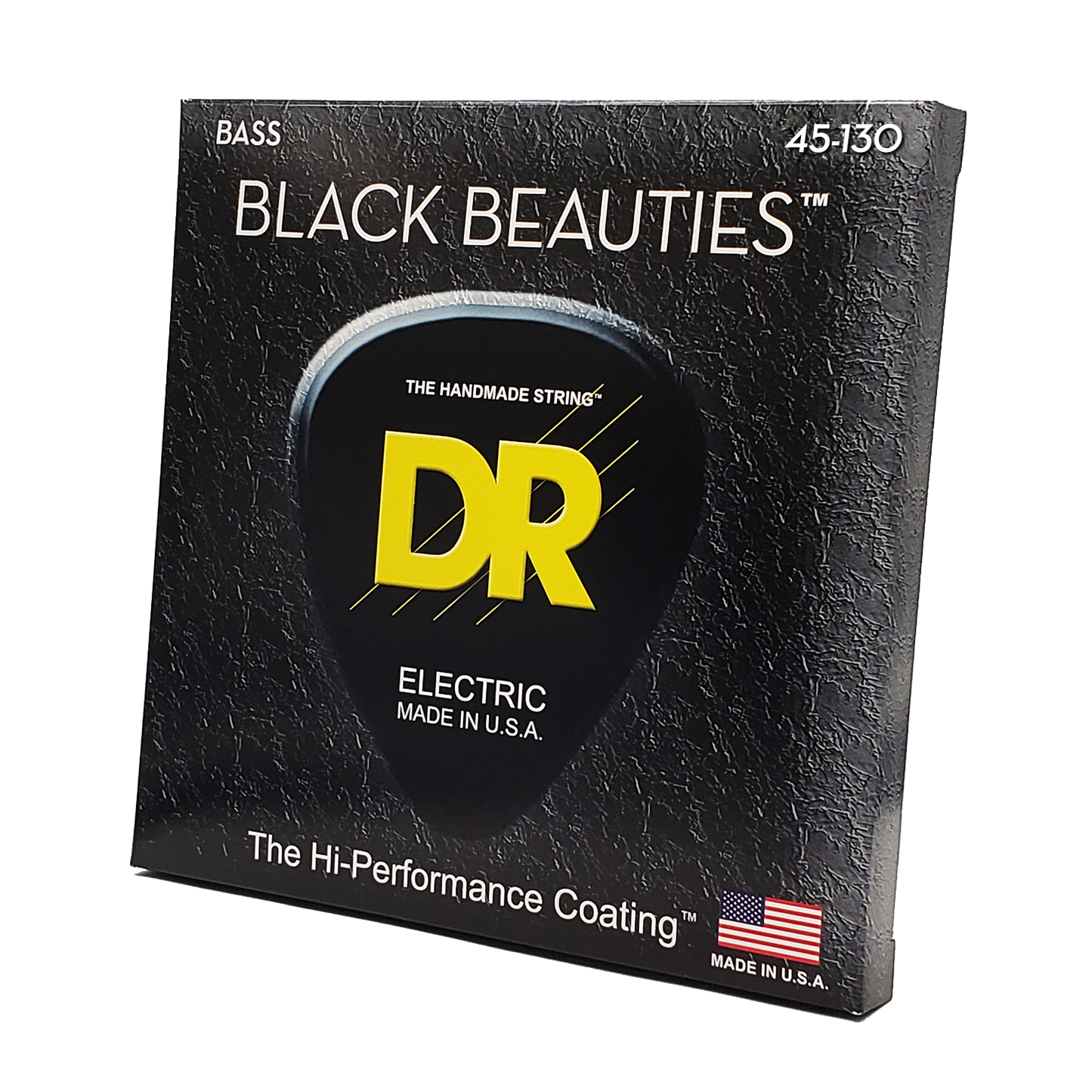 Bass strings DR Strings Black Beauties 5-string set, 45-130, black packaging with yellow DR logo.