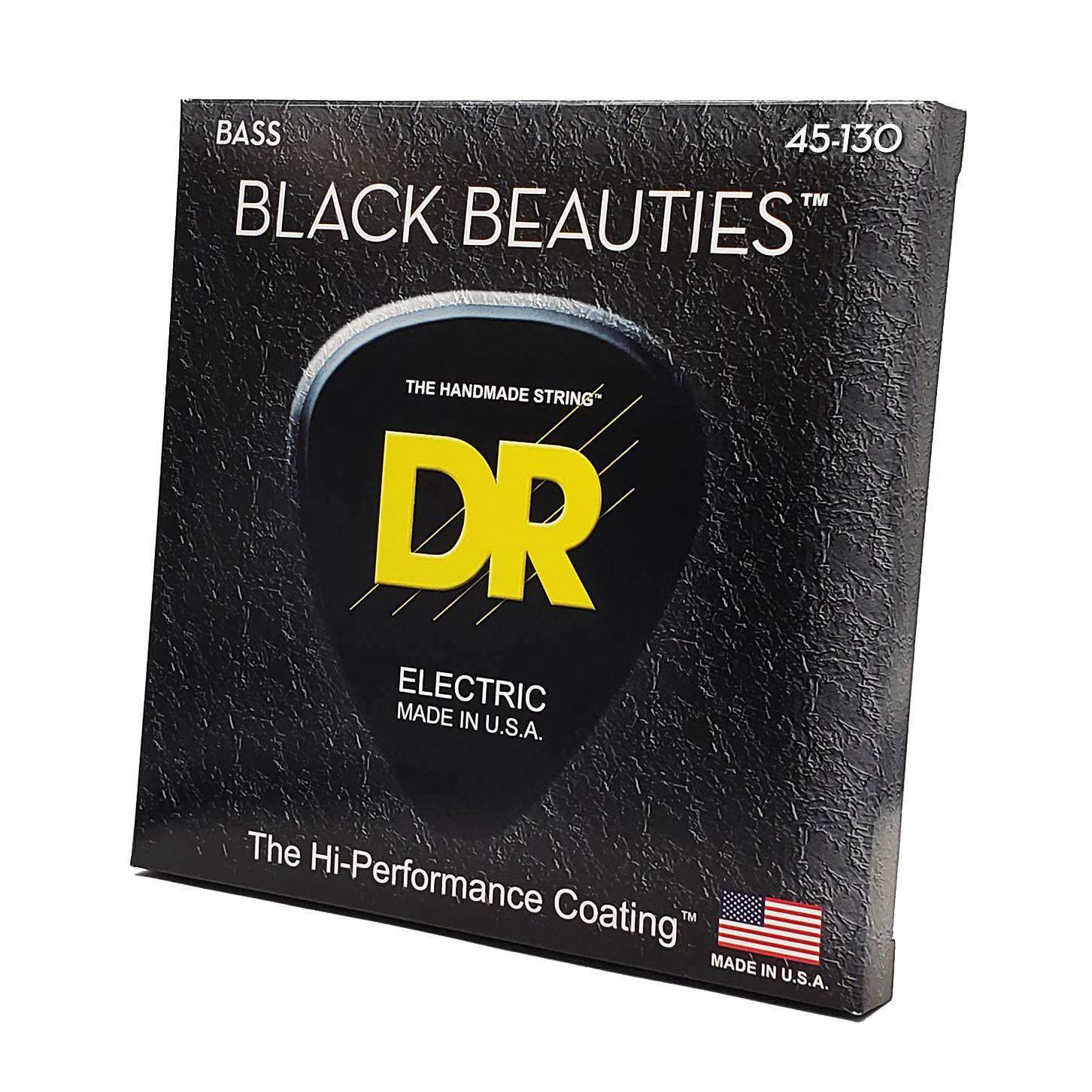 Bass strings DR Strings Black Beauties 5-string set, 45-130, black packaging with yellow DR logo.