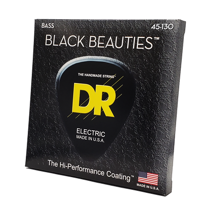 Bass strings DR Strings Black Beauties 5-string set, 45-130, black packaging with yellow DR logo.