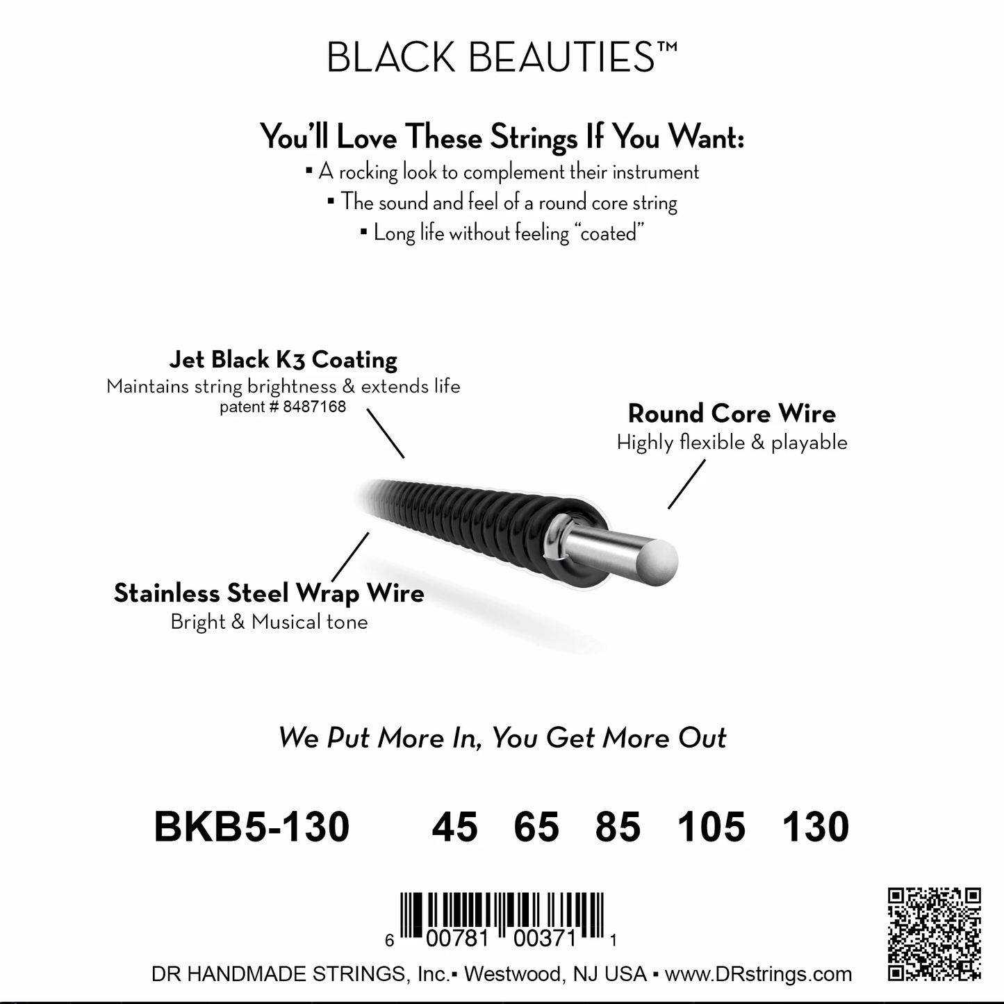 DR Strings Black Beauties BKB5-130 bass strings set for 5-string bass, Jet Black K3 coating, stainless wrap.