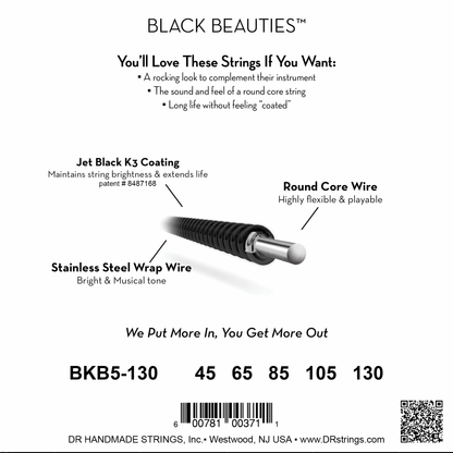 DR Strings Black Beauties BKB5-130 bass strings set for 5-string bass, Jet Black K3 coating, stainless wrap.