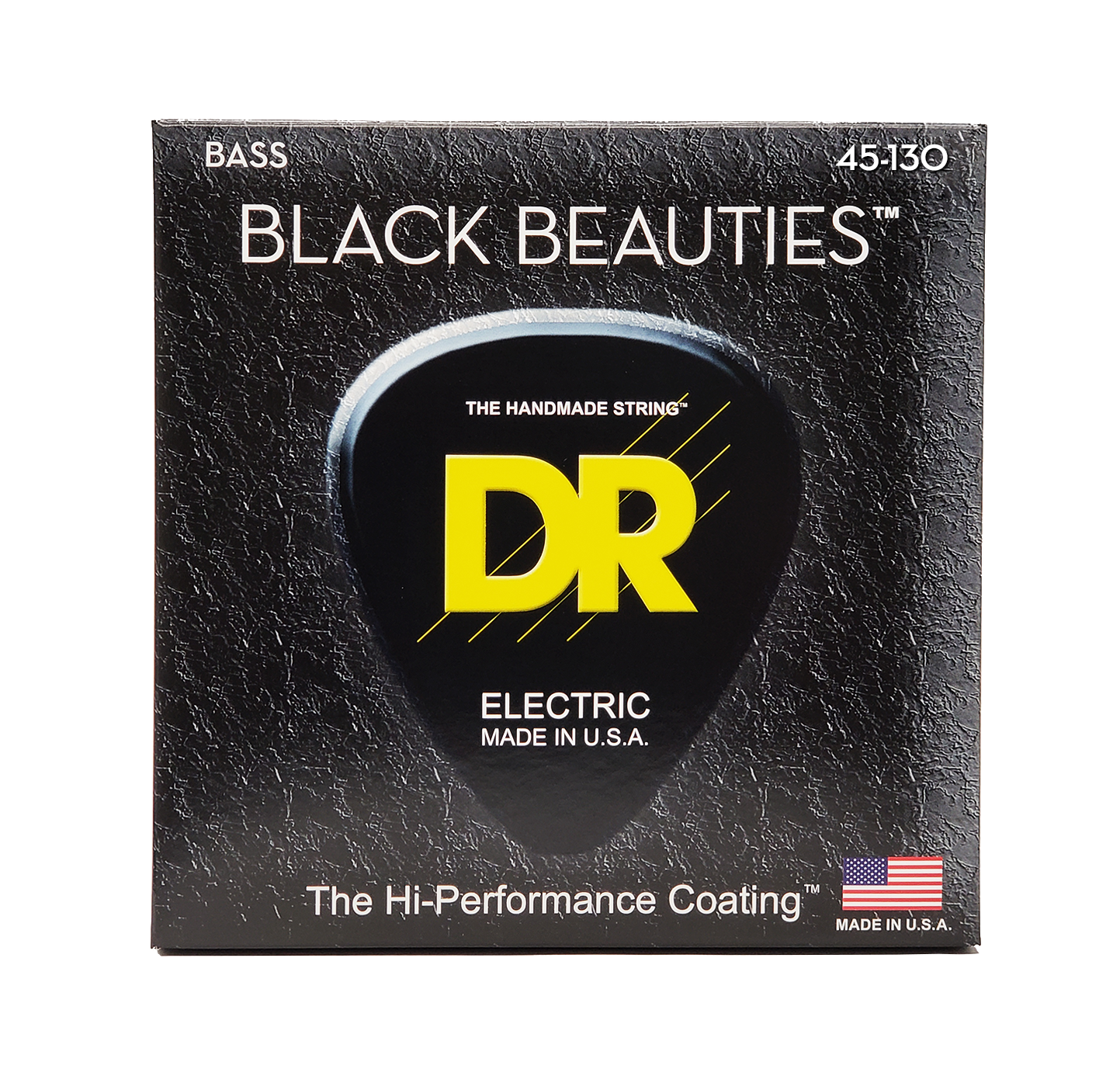 DR Strings Black Beauties bass strings 5-string set, gauges 45-130, in black packaging with yellow DR logo