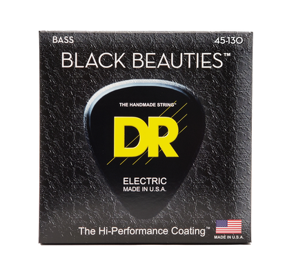 DR Strings Black Beauties bass strings 5-string set, gauges 45-130, in black packaging with yellow DR logo
