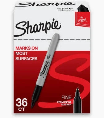 Sharpie Super Permanent Marker, Fine Point; 36-count red-and-white packaging with a gray marker.