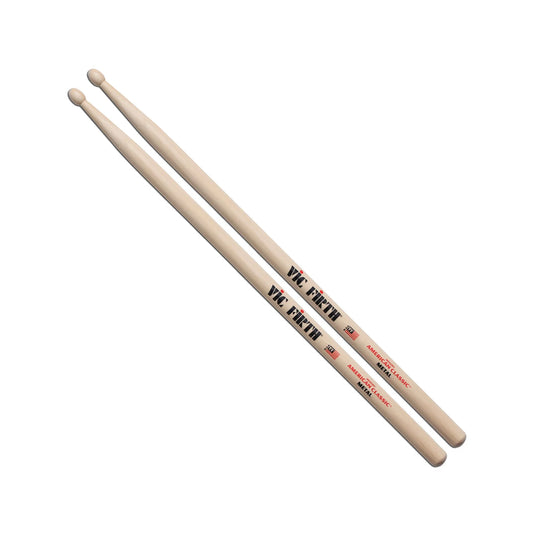Two wooden drumsticks with Vic Firth branding on a white background