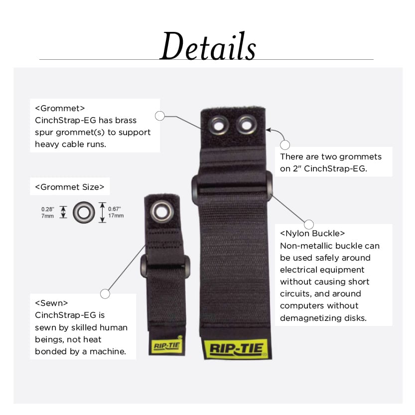 Rip-Tie One Inch Wide CinchStrap with End Grommet - Black 2 pack